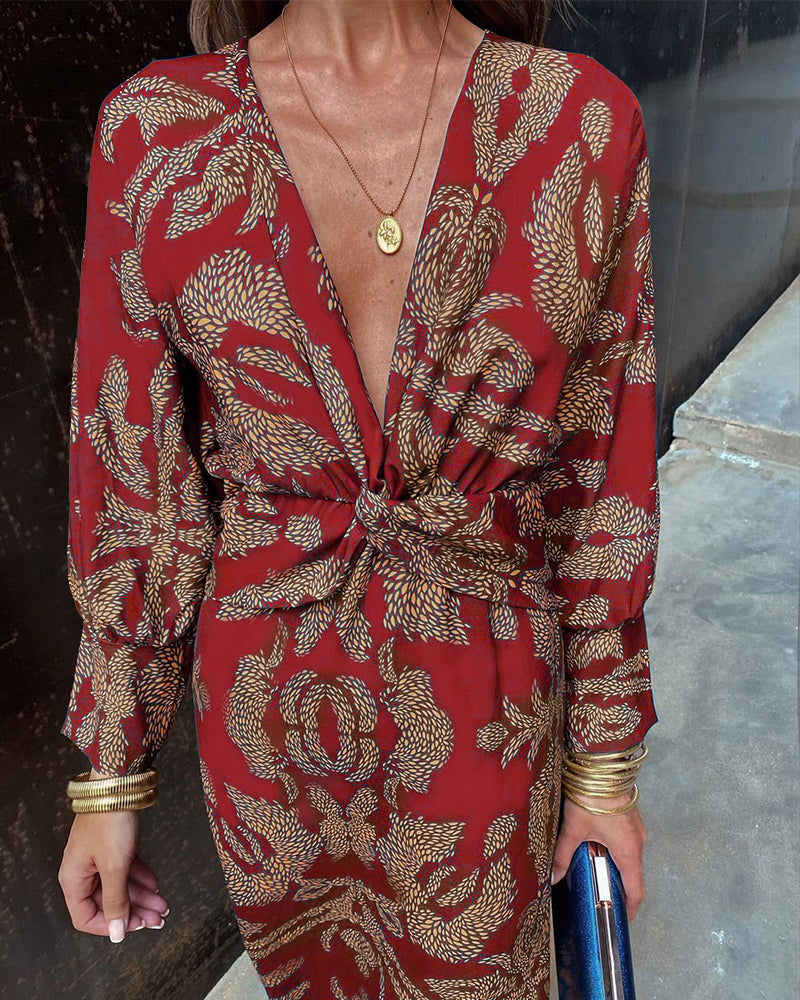 Women’s Printed V-Neck Midi Dress with Twist Front Detail
