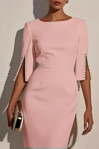 Women’s Elegant Pearl Sleeve Midi Dress for Office Formal Occasions