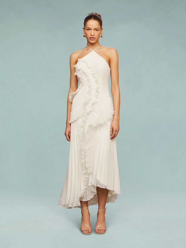 Women’s One-Shoulder Ruffle Maxi Dress with Pleated Details