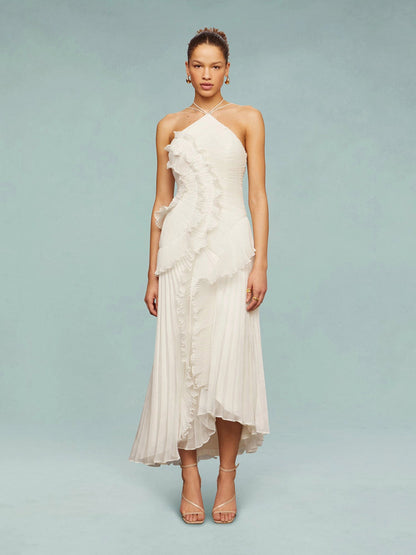 Women’s One-Shoulder Ruffle Maxi Dress with Pleated Details