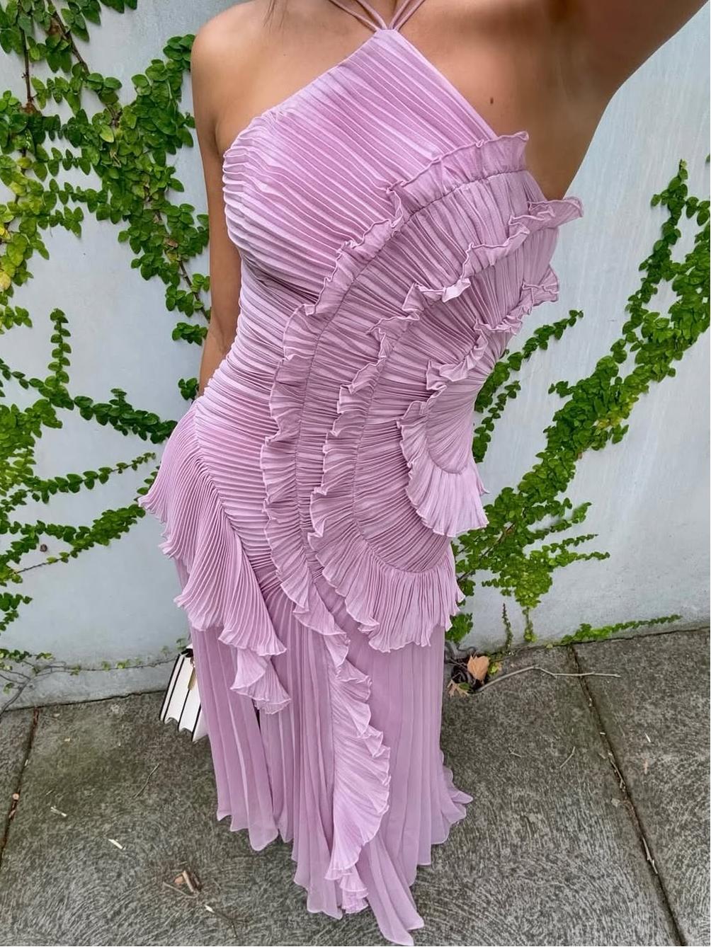 Women’s One-Shoulder Ruffle Maxi Dress with Pleated Details