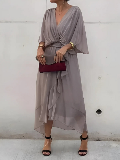 Flowy V-Neck Belted Maxi Dress for Women