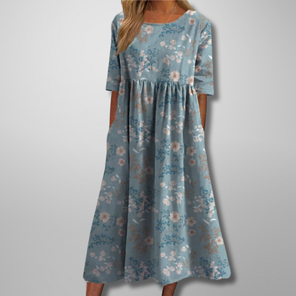 Relaxed Floral Print Midi Dress with Short Sleeves for Women
