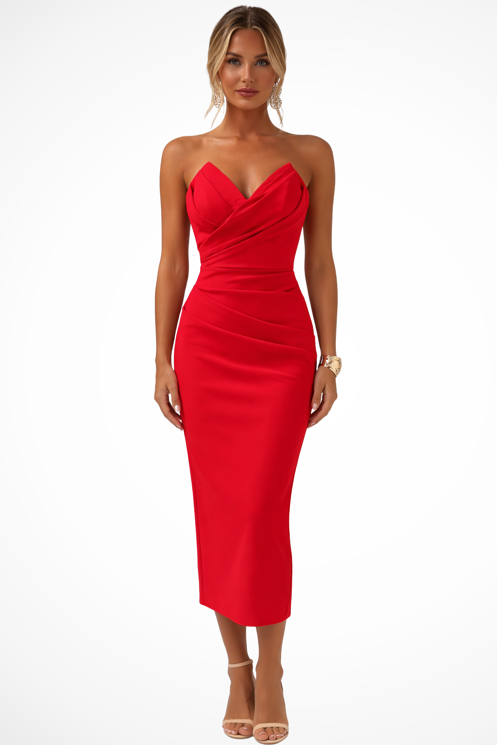 Women’s Ruched Sweetheart Midi Dress with Fitted Silhouette