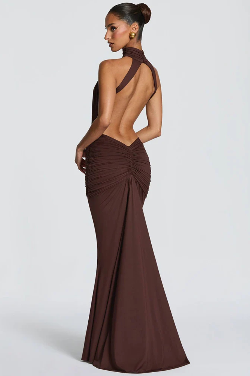 Women’s Backless Halter Neck Ruched Maxi Dress