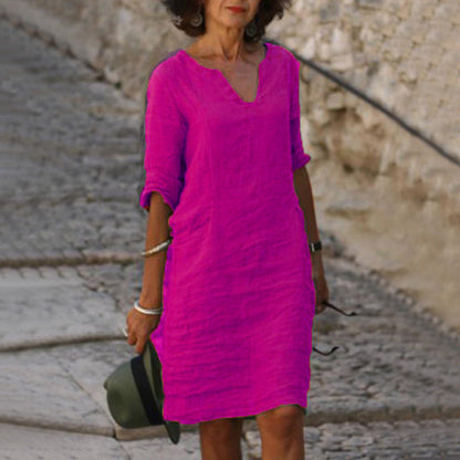 Casual V-Neck Linen-Style Midi Dress for Women