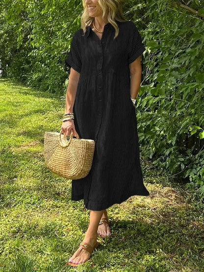 Women's Striped Collared Button-Front Short Sleeve Dress