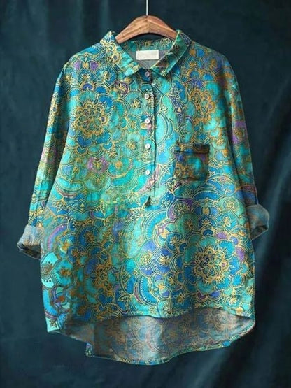 Women's Abstract Floral Long Sleeve Button-Front Blouse