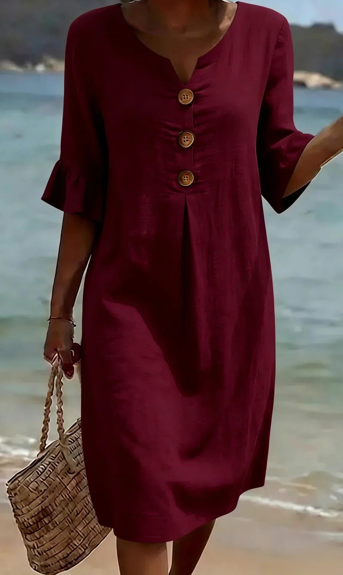 Women’s Button-Front Casual Midi Dress with Ruffle Sleeves