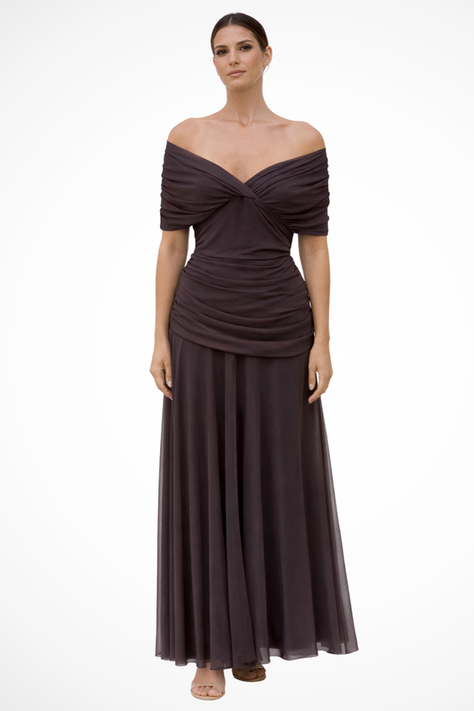 Women’s Draped Bardot Maxi Dress with Ruched Waist