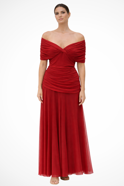 Women’s Draped Bardot Maxi Dress with Ruched Waist