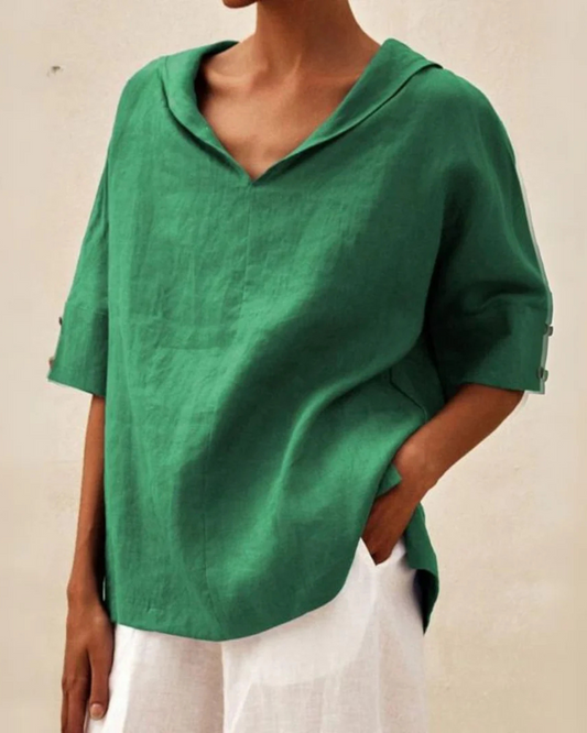 Relaxed Fit V-Neck Blouse with Short Sleeves