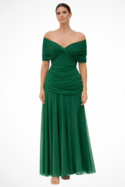 Women’s Draped Bardot Maxi Dress with Ruched Waist