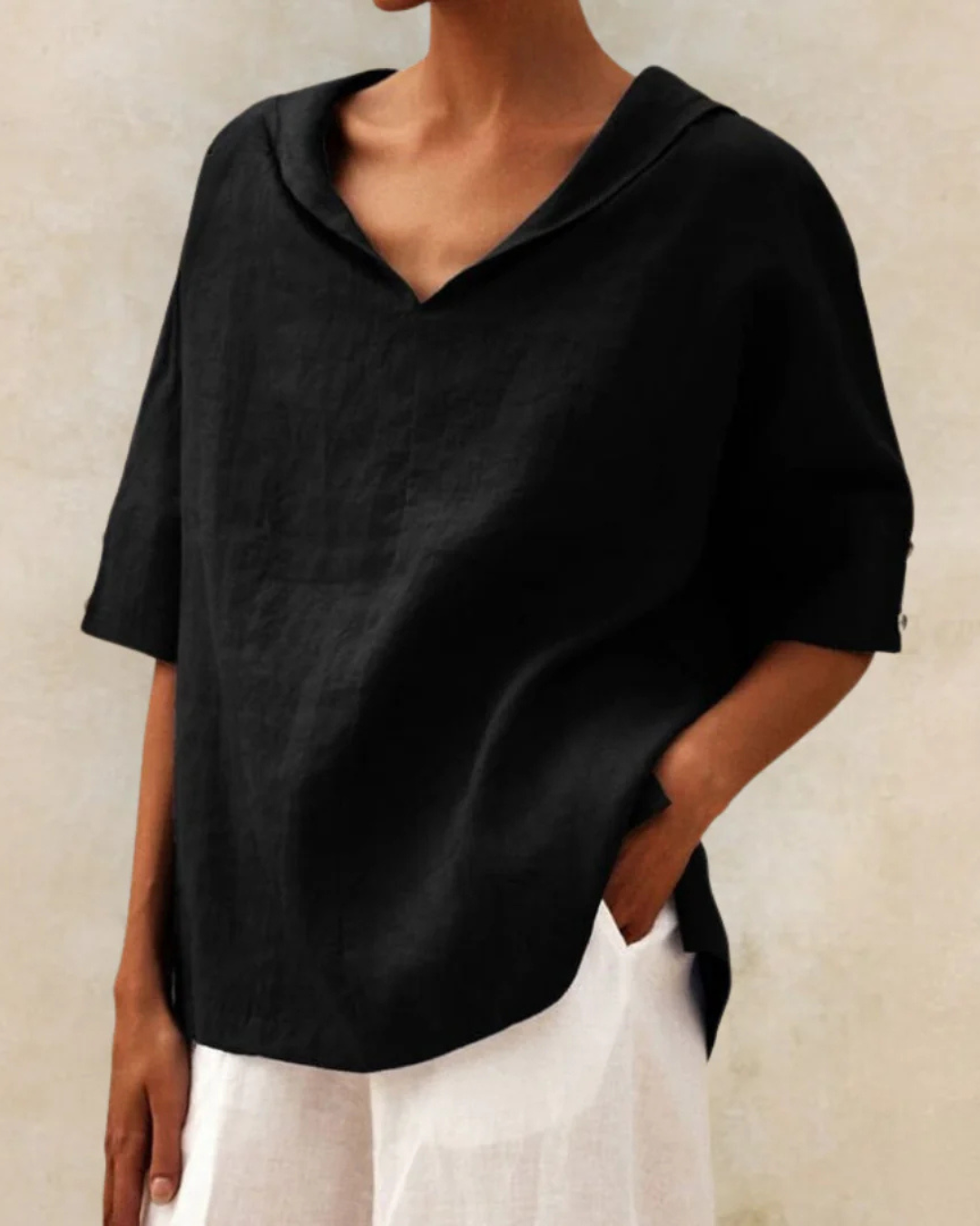 Relaxed Fit V-Neck Blouse with Short Sleeves