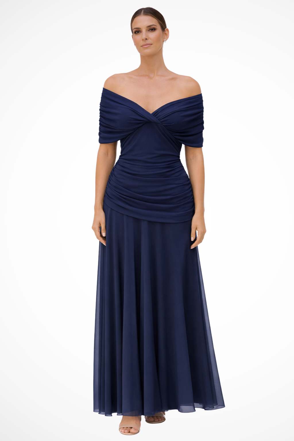 Women’s Draped Bardot Maxi Dress with Ruched Waist