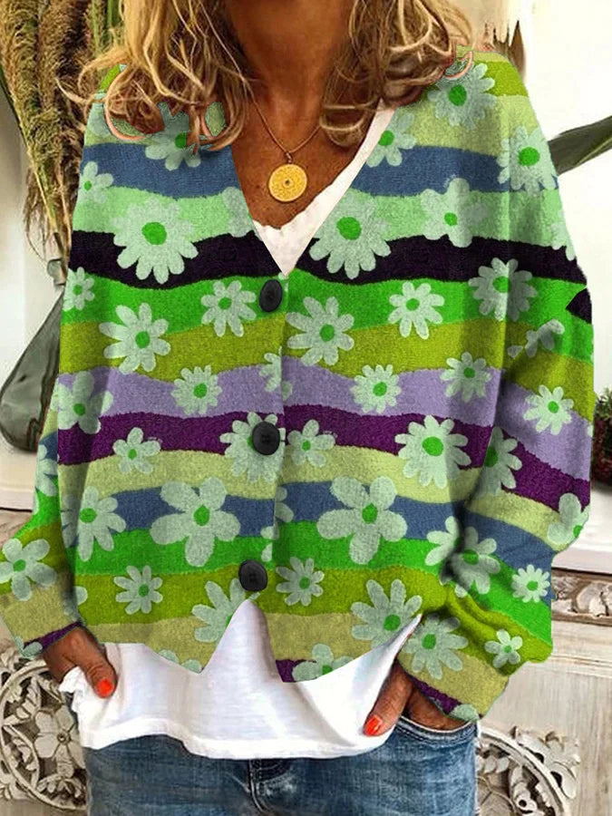 Floral Stripe Button-Up Cardigan with Relaxed Fit