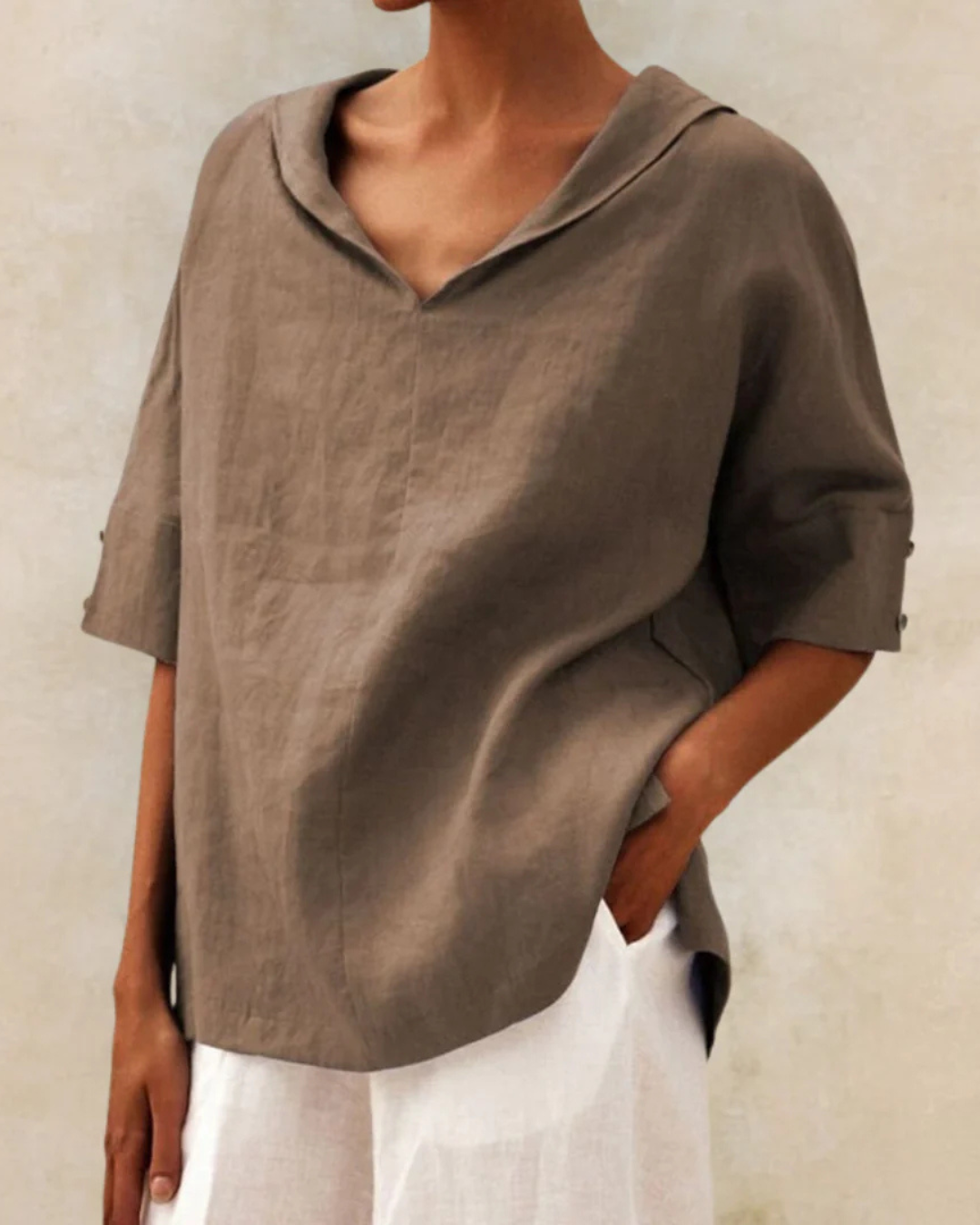 Relaxed Fit V-Neck Blouse with Short Sleeves