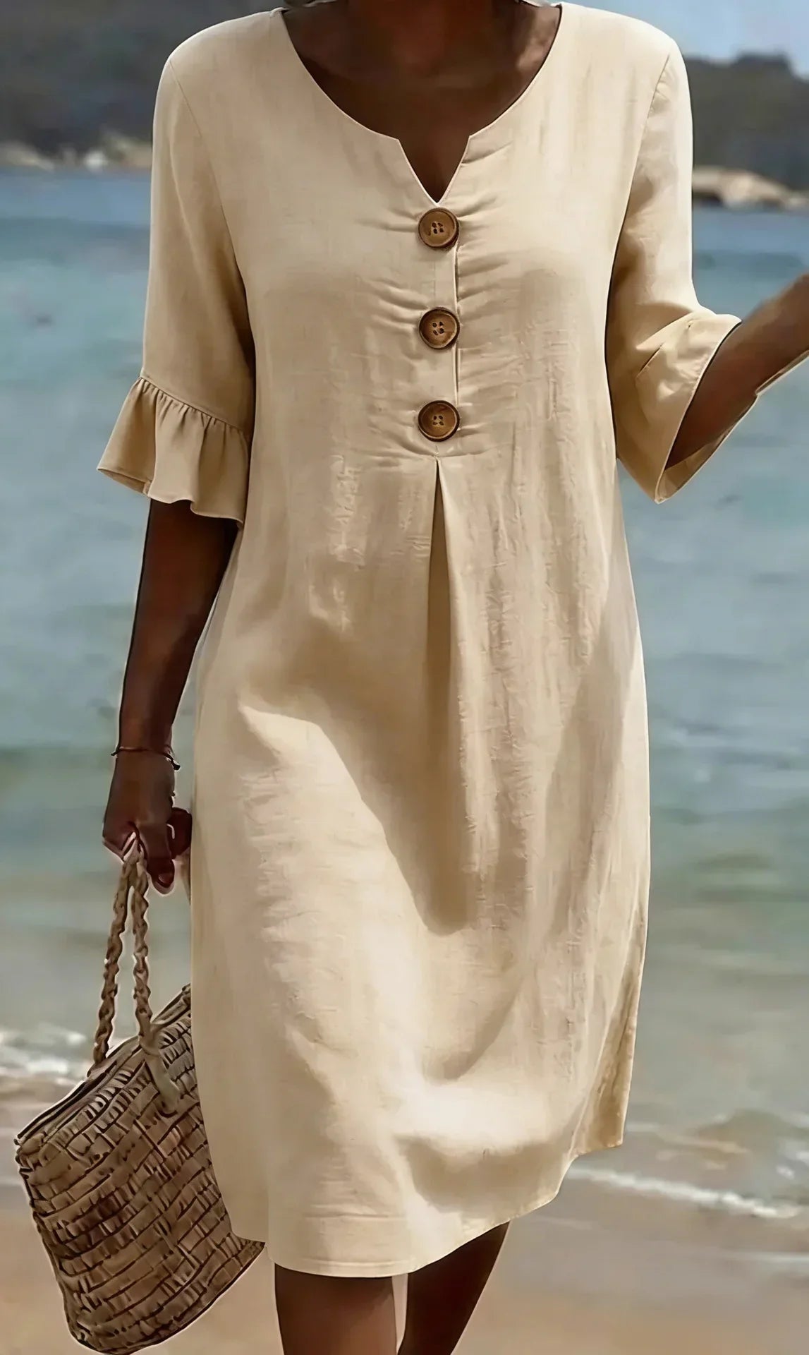 Women’s Button-Front Casual Midi Dress with Ruffle Sleeves