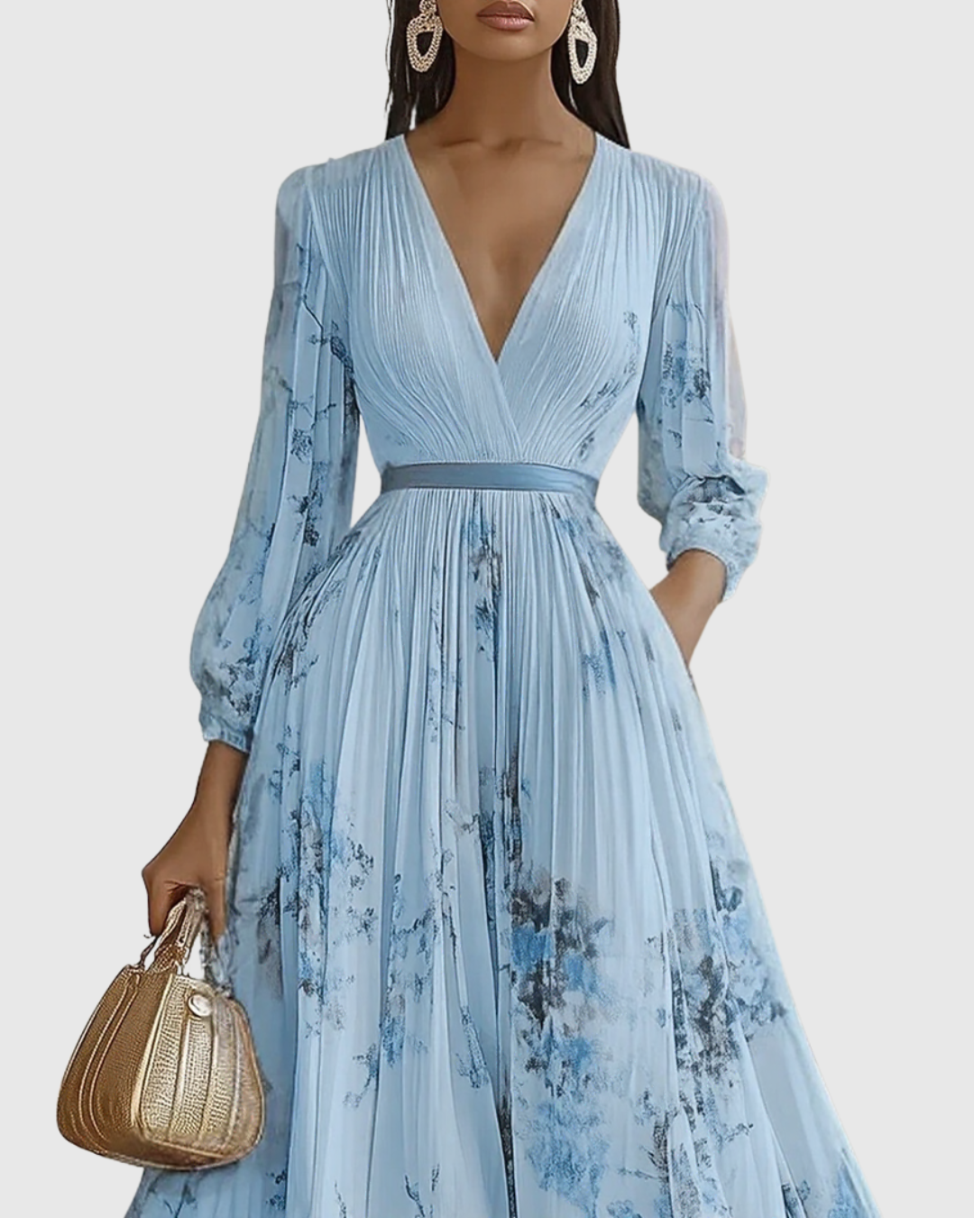 Pleated Maxi Dress with Long Sleeves for Women