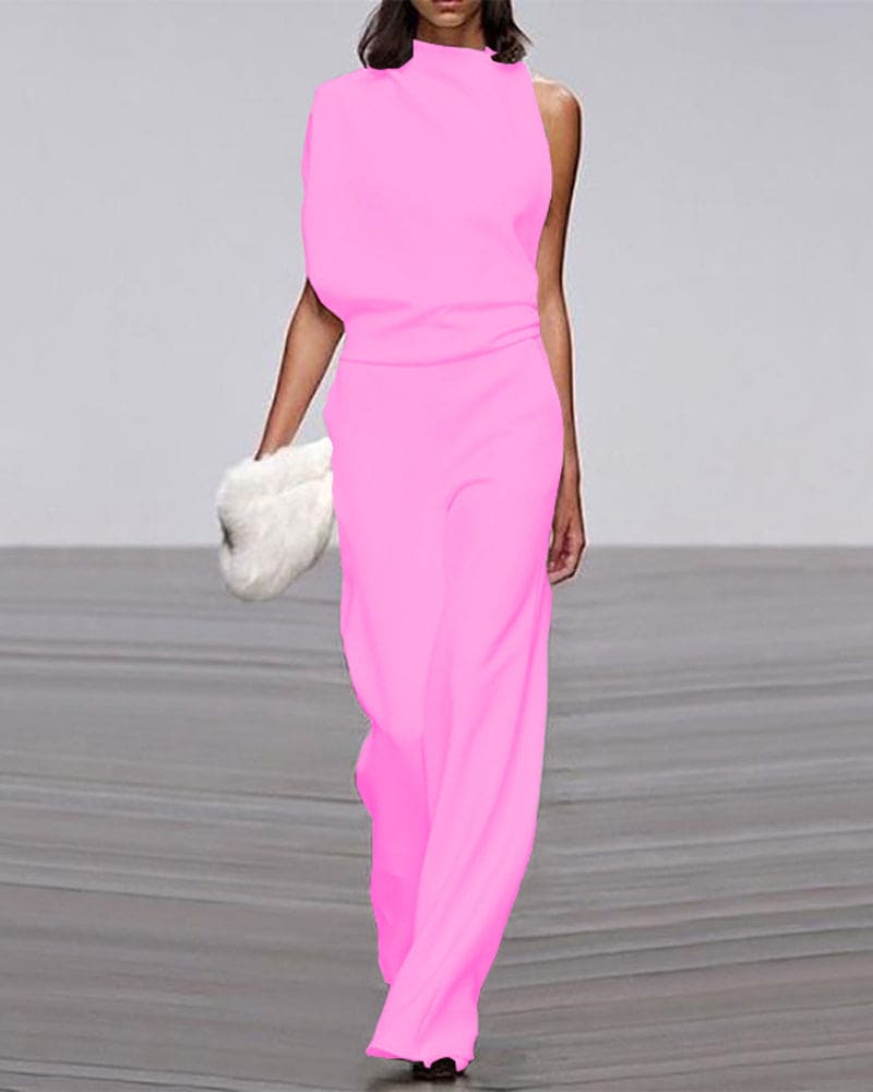 One-Shoulder High Neck Wide-Leg Evening Jumpsuit