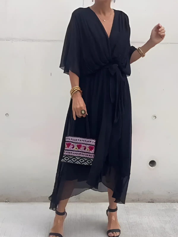 Flowy V-Neck Belted Maxi Dress for Women
