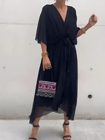 Flowy V-Neck Belted Maxi Dress for Women