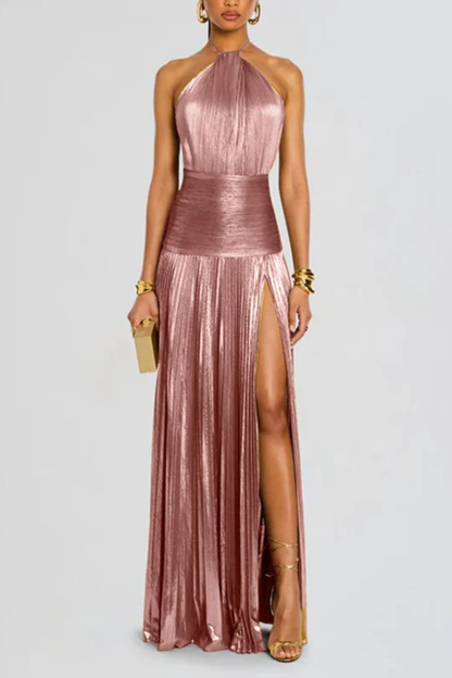 Elegant Halter Neck Satin Wedding Guest Maxi Dress