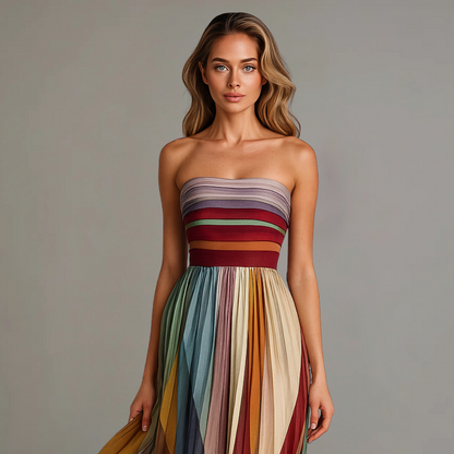 Women’s Strapless Rainbow Pleated Maxi Dress