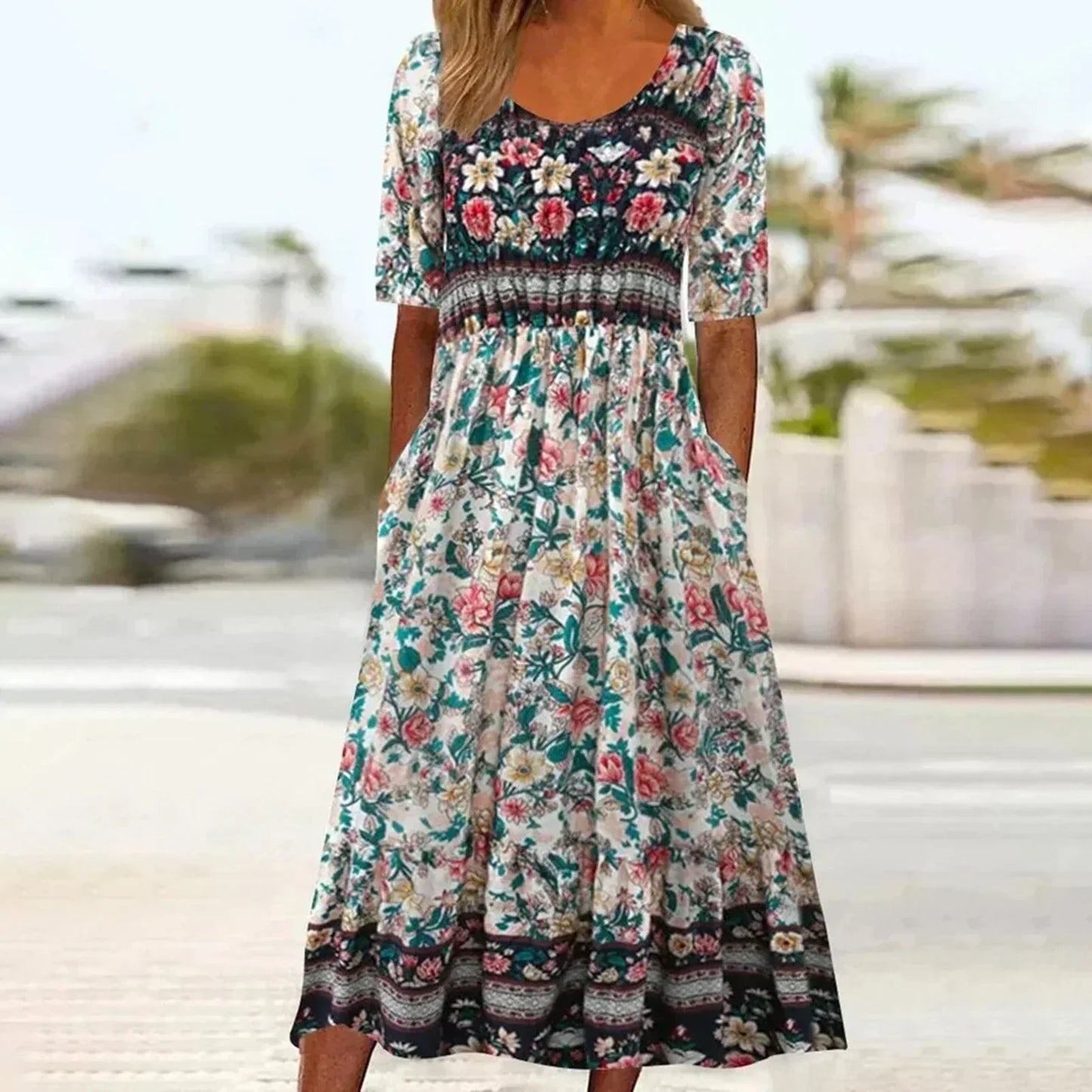 Bohemian Midi Dress with Pockets for Women