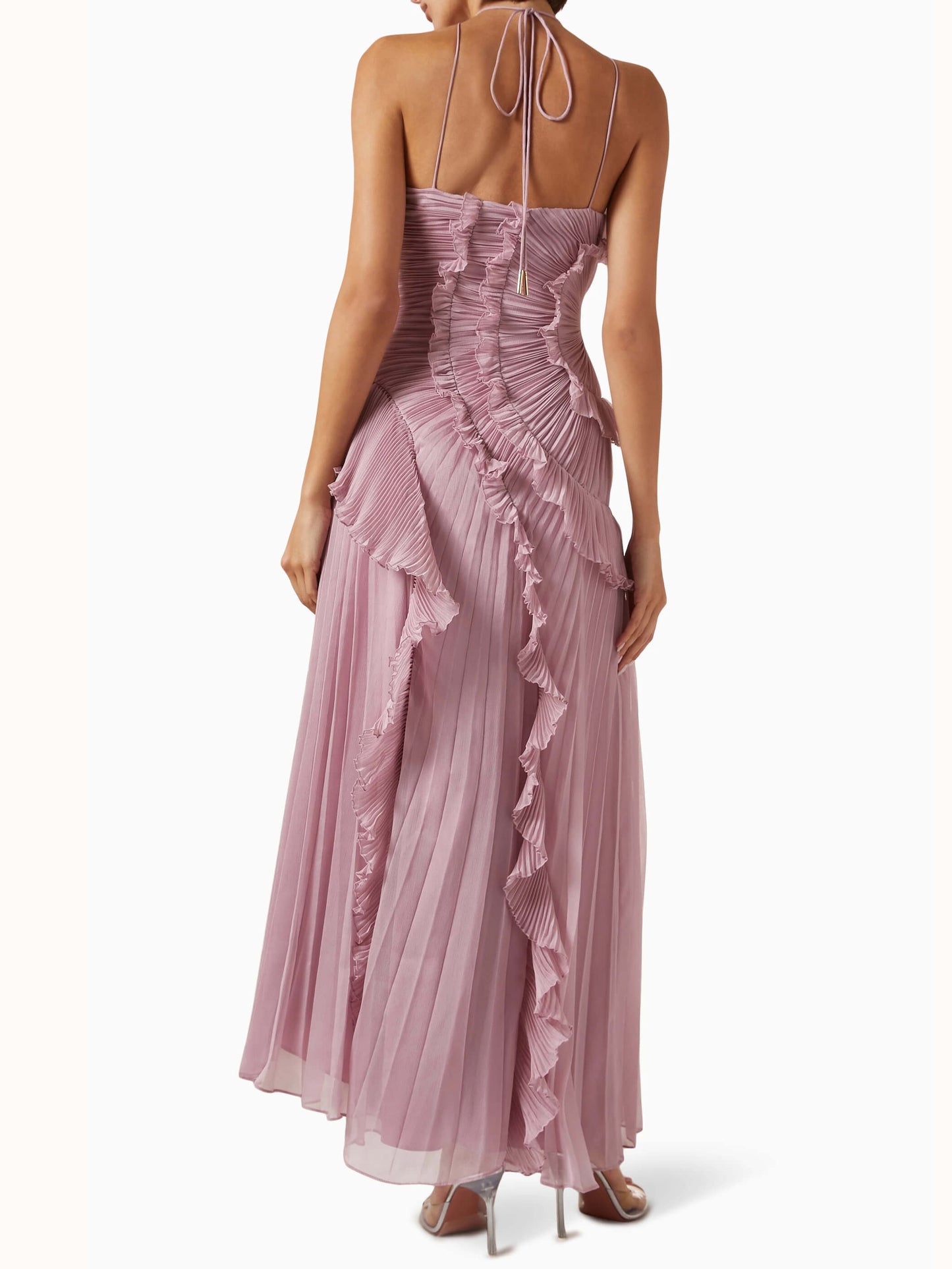Women’s One-Shoulder Ruffle Maxi Dress with Pleated Details