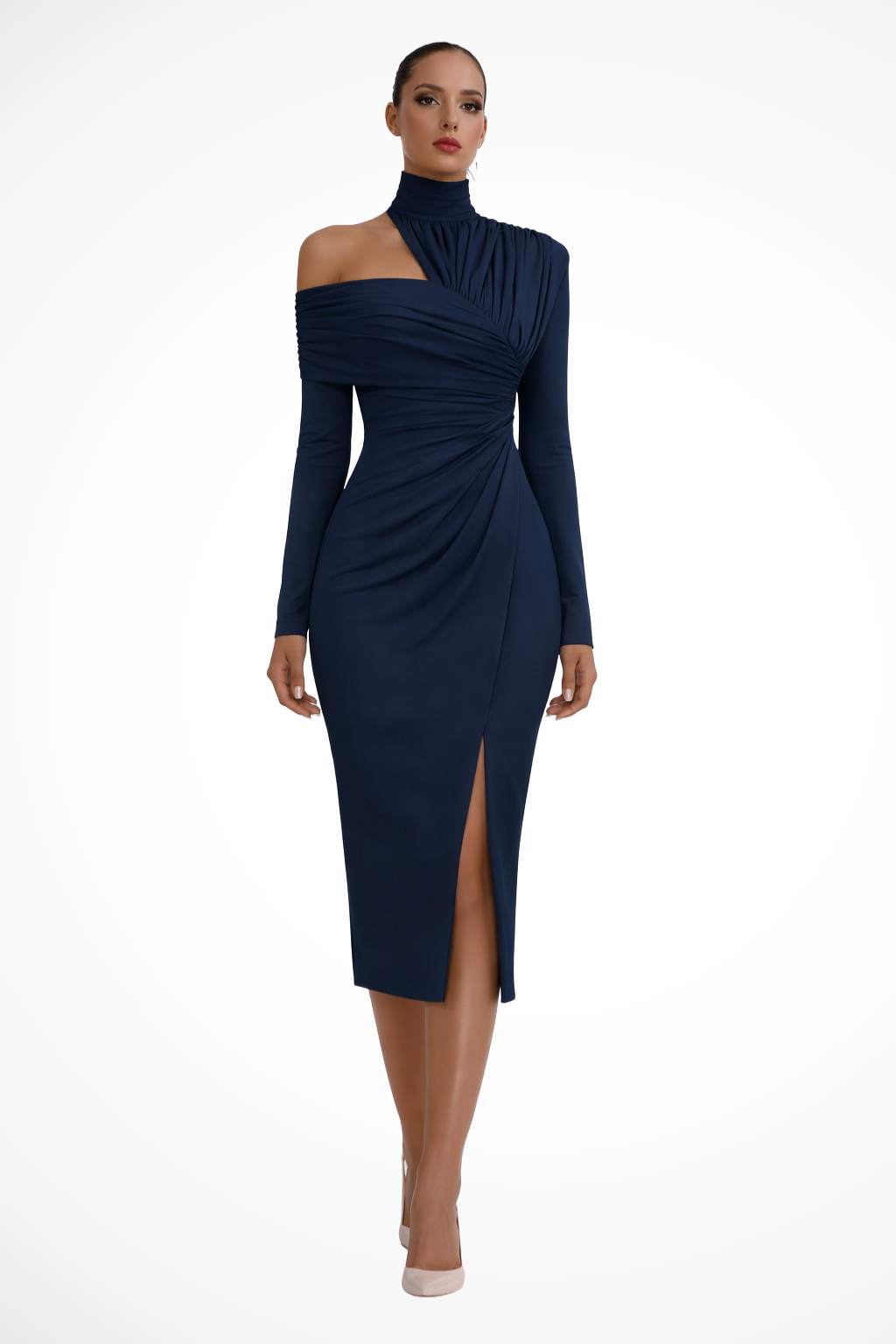 Women’s One-Shoulder Ruched Midi Dress with Side Slit