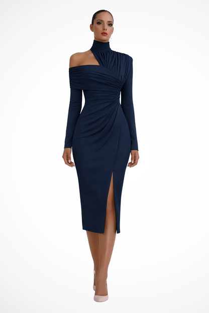 Women’s One-Shoulder Ruched Midi Dress with Side Slit