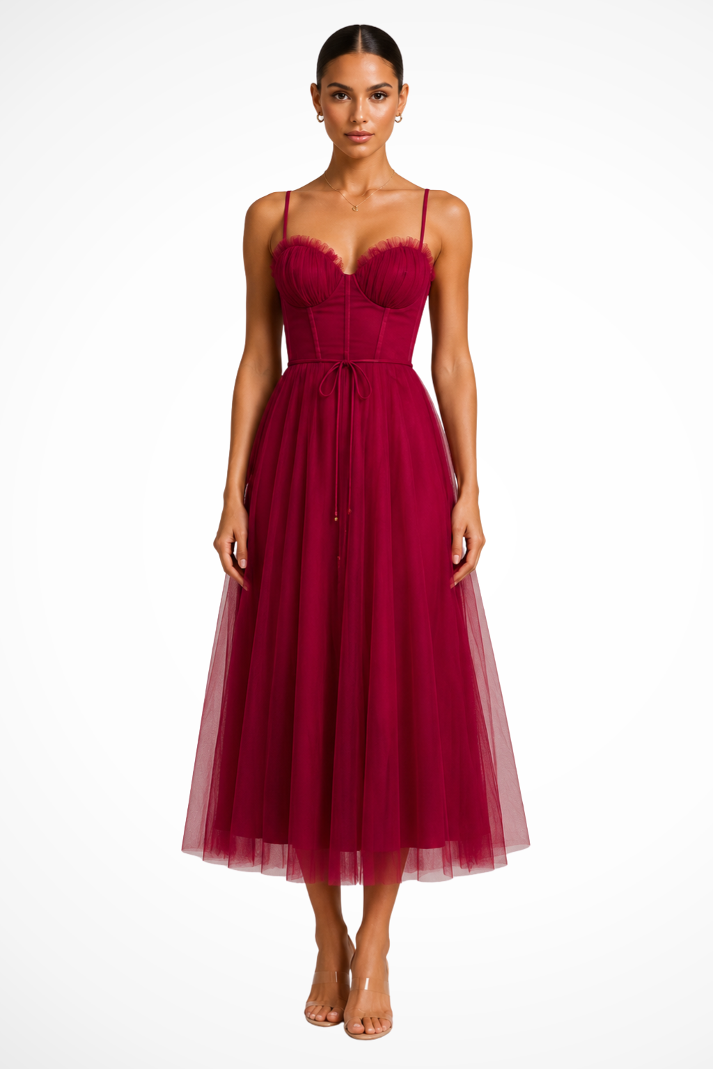 Women’s Layered Tulle Midi Dress with Sweetheart Bodice