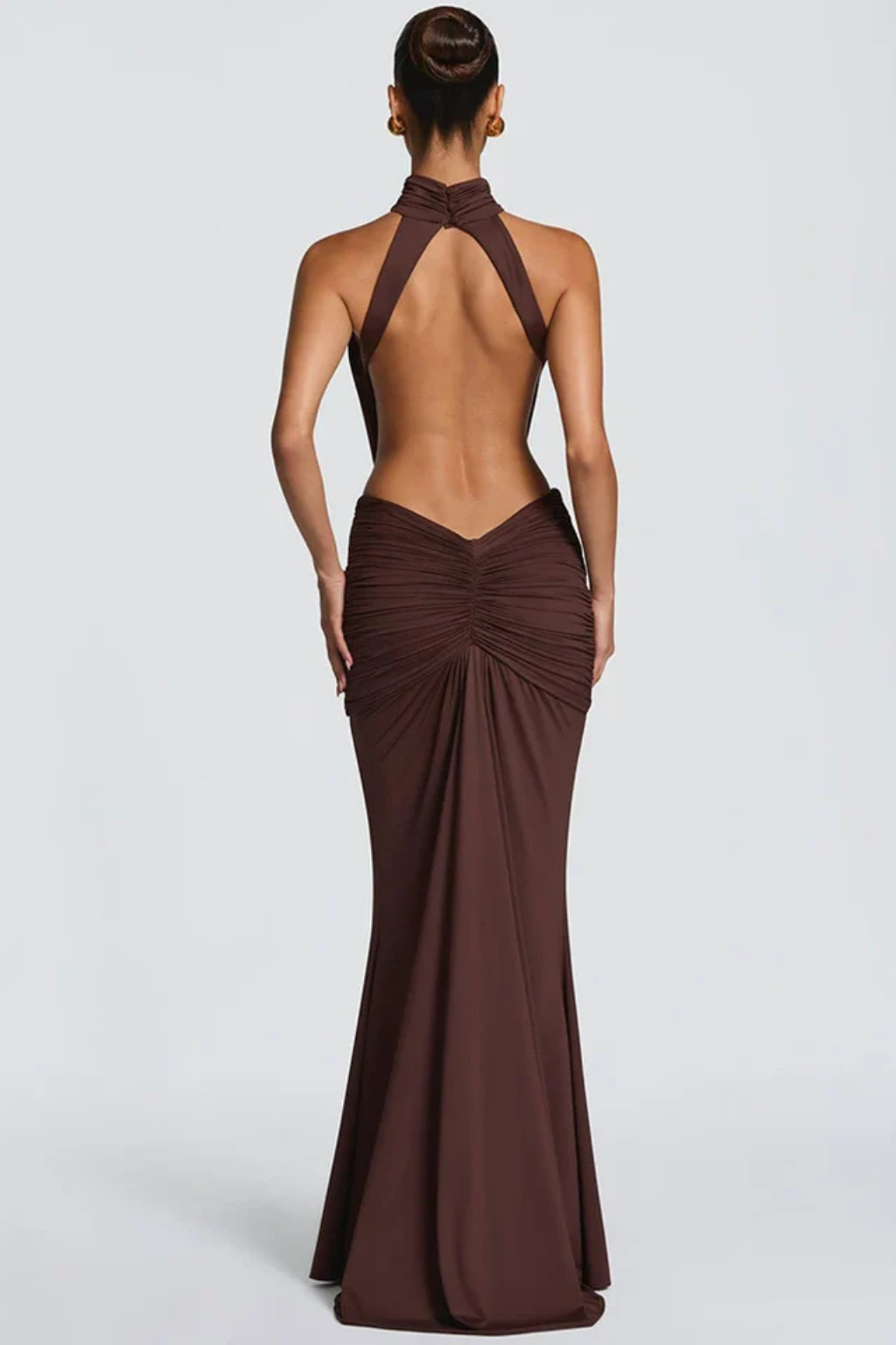 Women’s Backless Halter Mermaid Evening Dress with Ruched Waist Detail