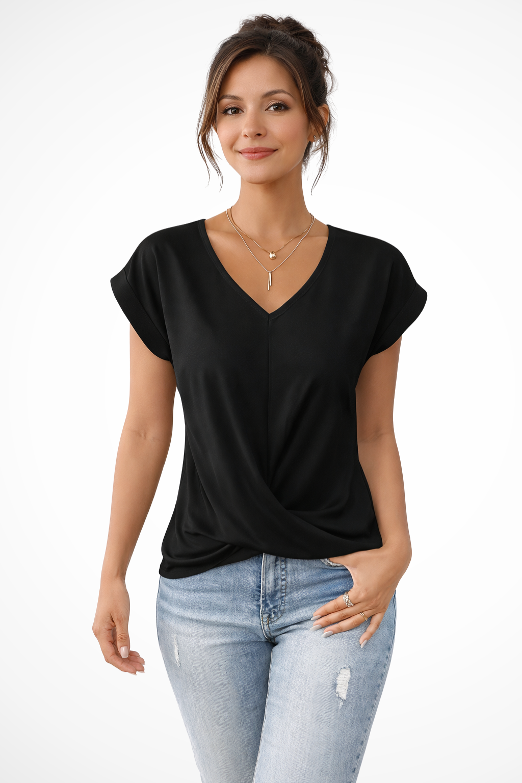 Women’s Casual V-Neck Twist Hem Draped Blouse