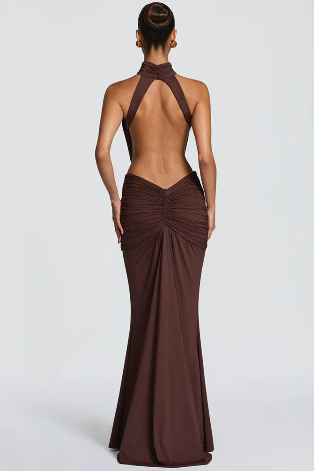Women’s Backless Halter Neck Ruched Maxi Dress