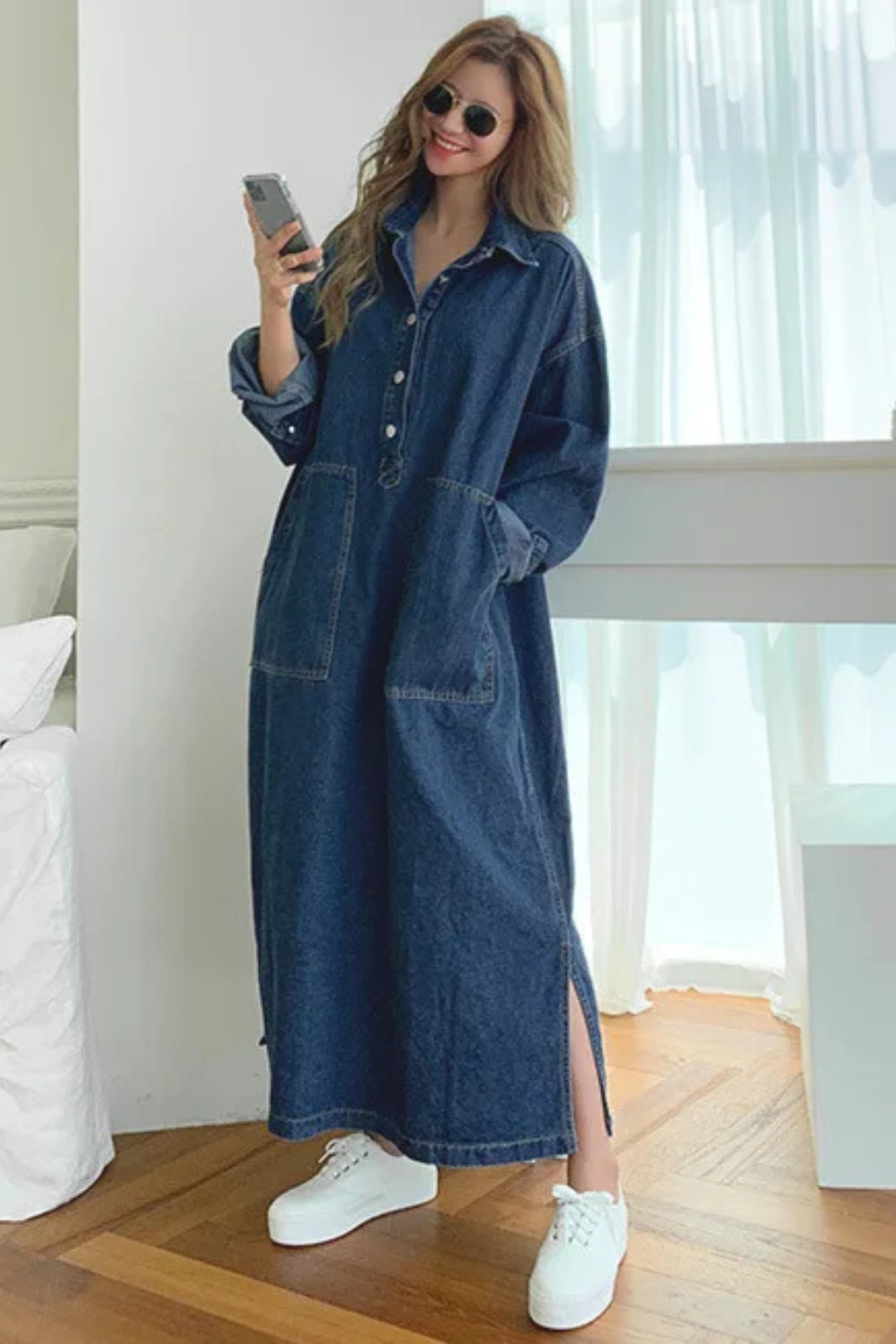 Women’s Oversized Denim Maxi Shirt Dress with Pockets