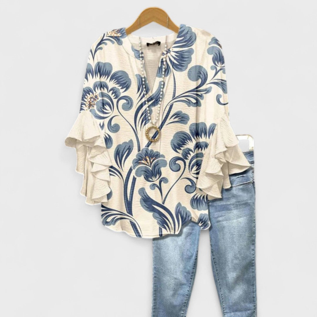 Women’s Printed V Neck Boho Ruffle Sleeve Blouse