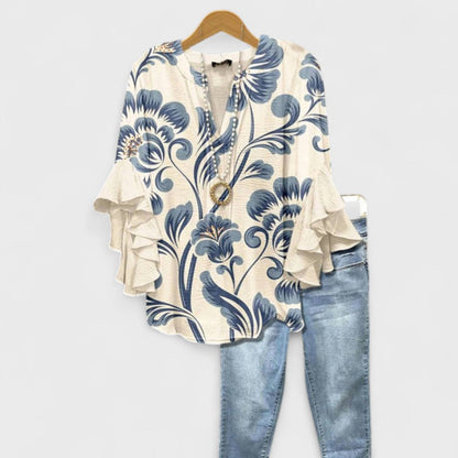 Women’s Printed V Neck Boho Ruffle Sleeve Blouse