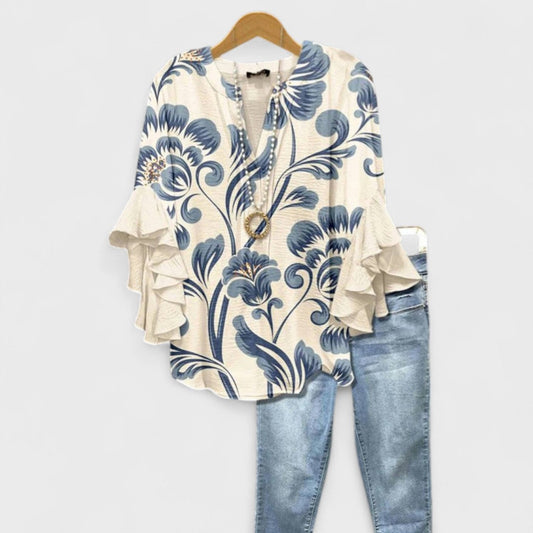 Women’s Printed V Neck Boho Ruffle Sleeve Blouse
