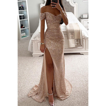 Women’s Off-Shoulder Sequin Evening Gown with High Slit