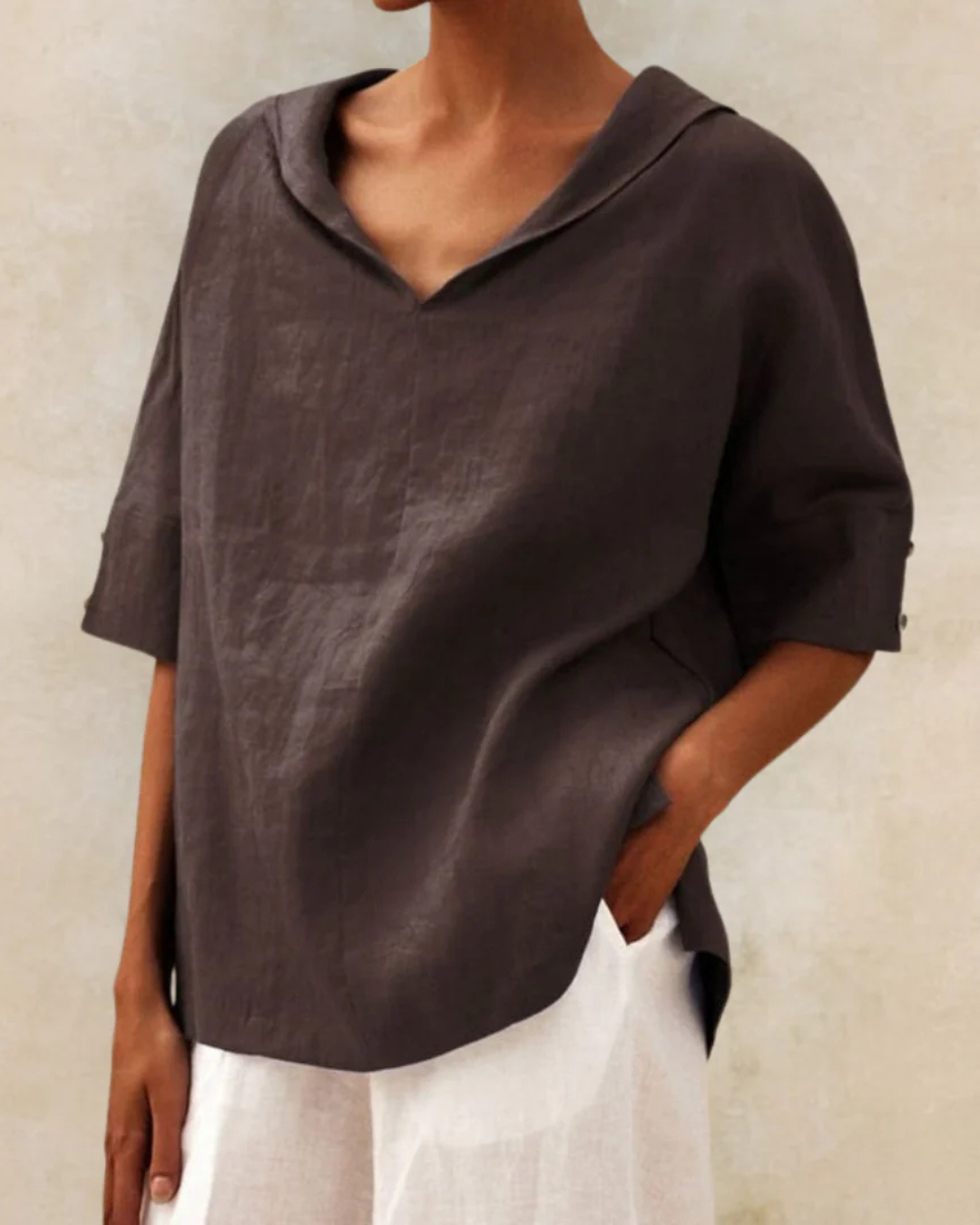Relaxed Fit V-Neck Blouse with Short Sleeves
