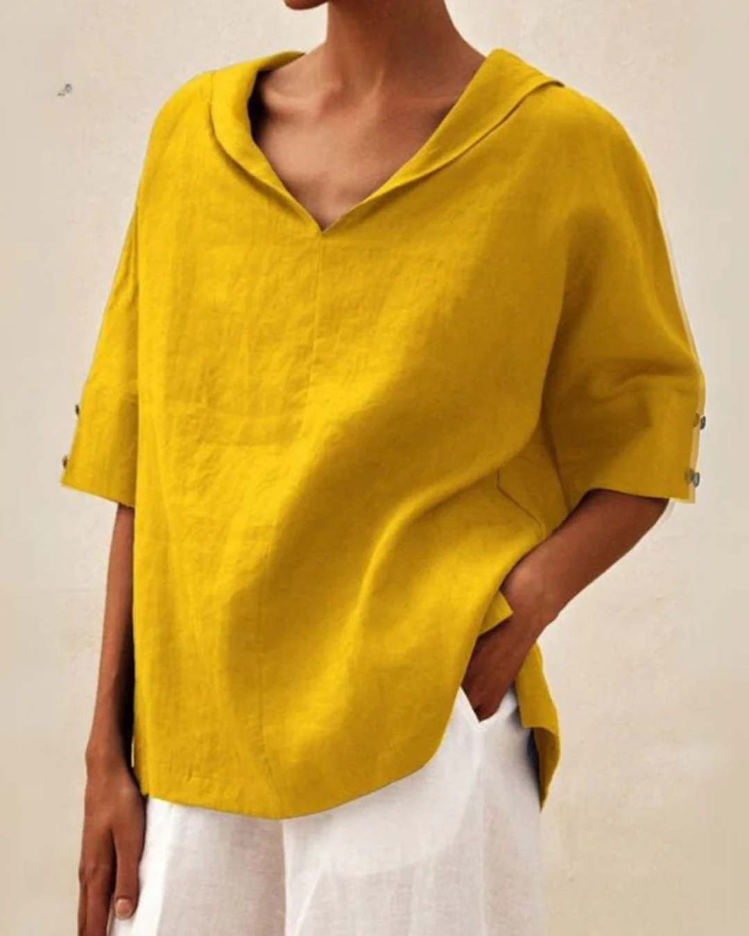 Relaxed Fit V-Neck Blouse with Short Sleeves