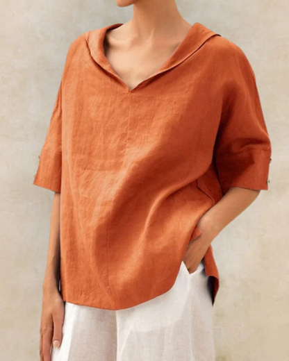 Relaxed Fit V-Neck Blouse with Short Sleeves