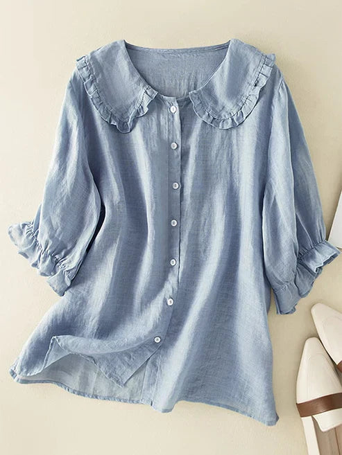 Women's Cotton Linen Peter Pan Ruffle Collar Shirt