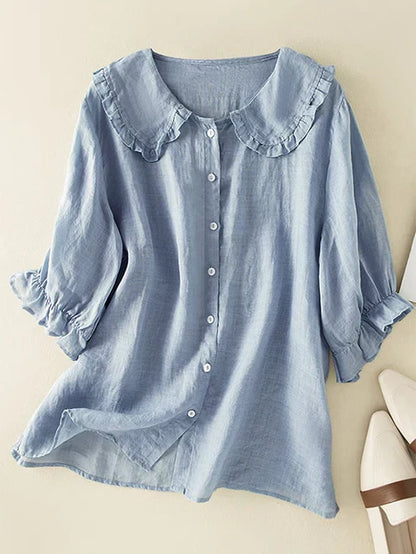 Women's Cotton Linen Peter Pan Ruffle Collar Shirt