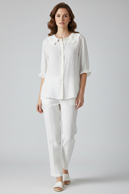 Women's Ruffled Collar Button-Up Blouse Shirt