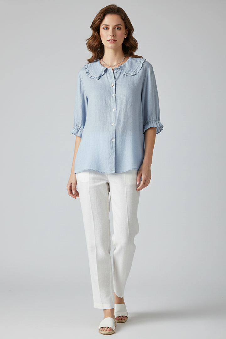 Women's Ruffled Collar Button-Up Blouse Shirt