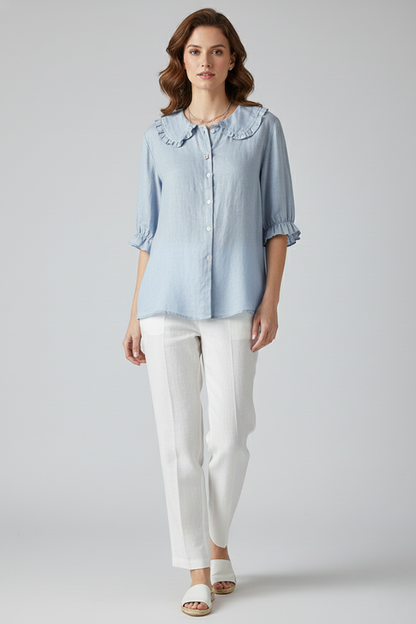 Women's Ruffled Collar Button-Up Blouse Shirt