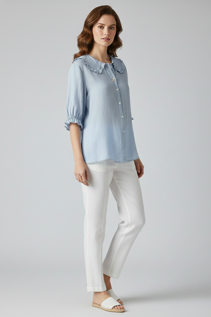Women's Ruffled Collar Button-Up Blouse Shirt